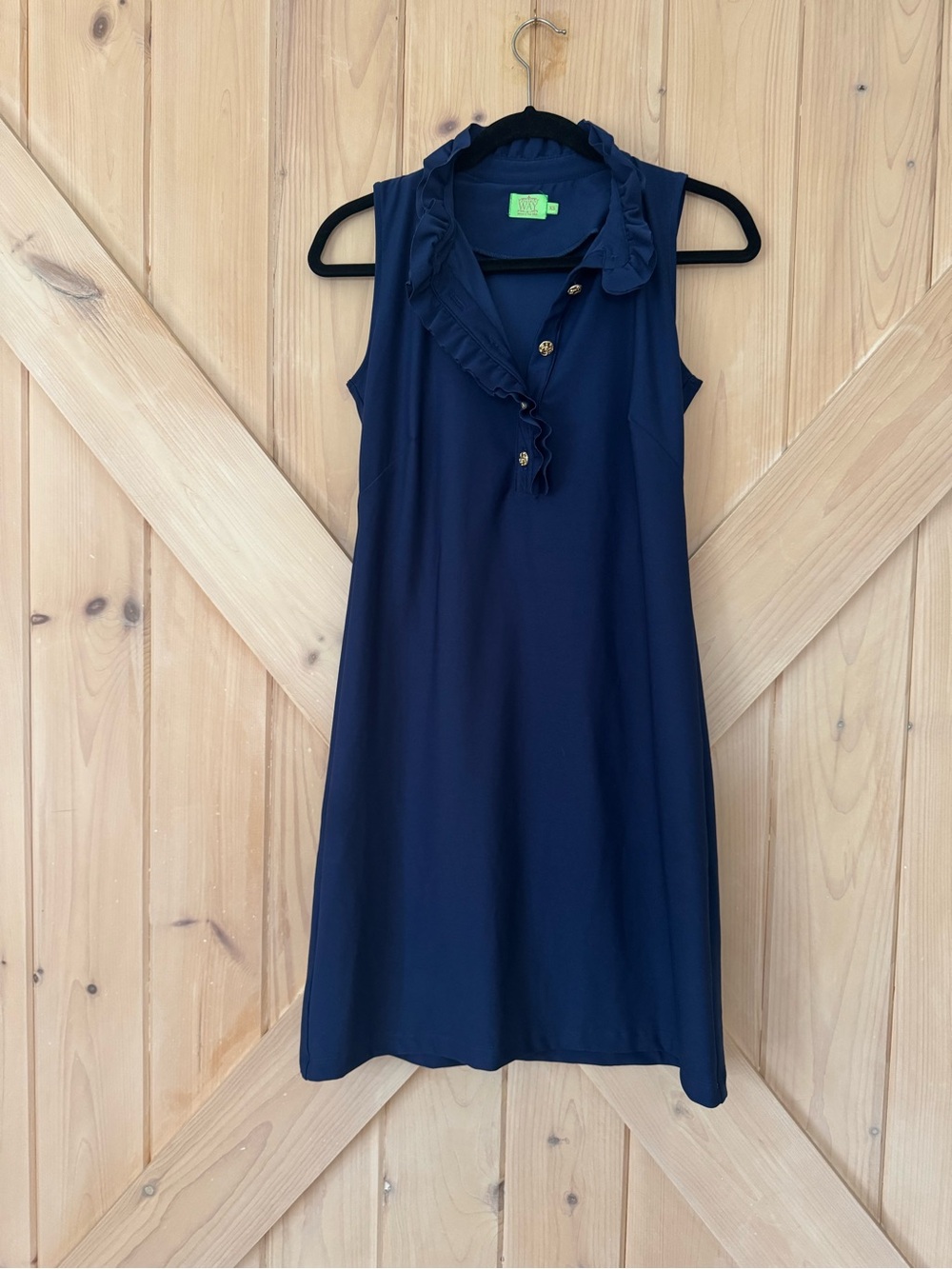 Katherine Way Navy Ruffle Sleeveless Dress | Gold Buttons | Made in USA | XS